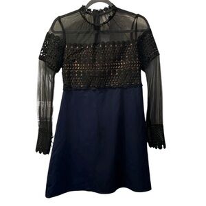 Matilda Navy Blue Dress w/Black shear & embroidered top & long Sleeves Size M
